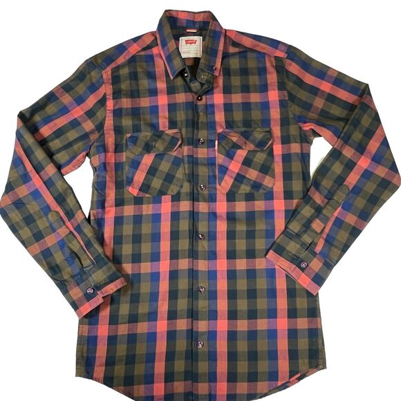 Levi's Men's Plaid Flannel Shirt M Long Sleeve Green Red Check Casual Button Up - Picture 1 of 7